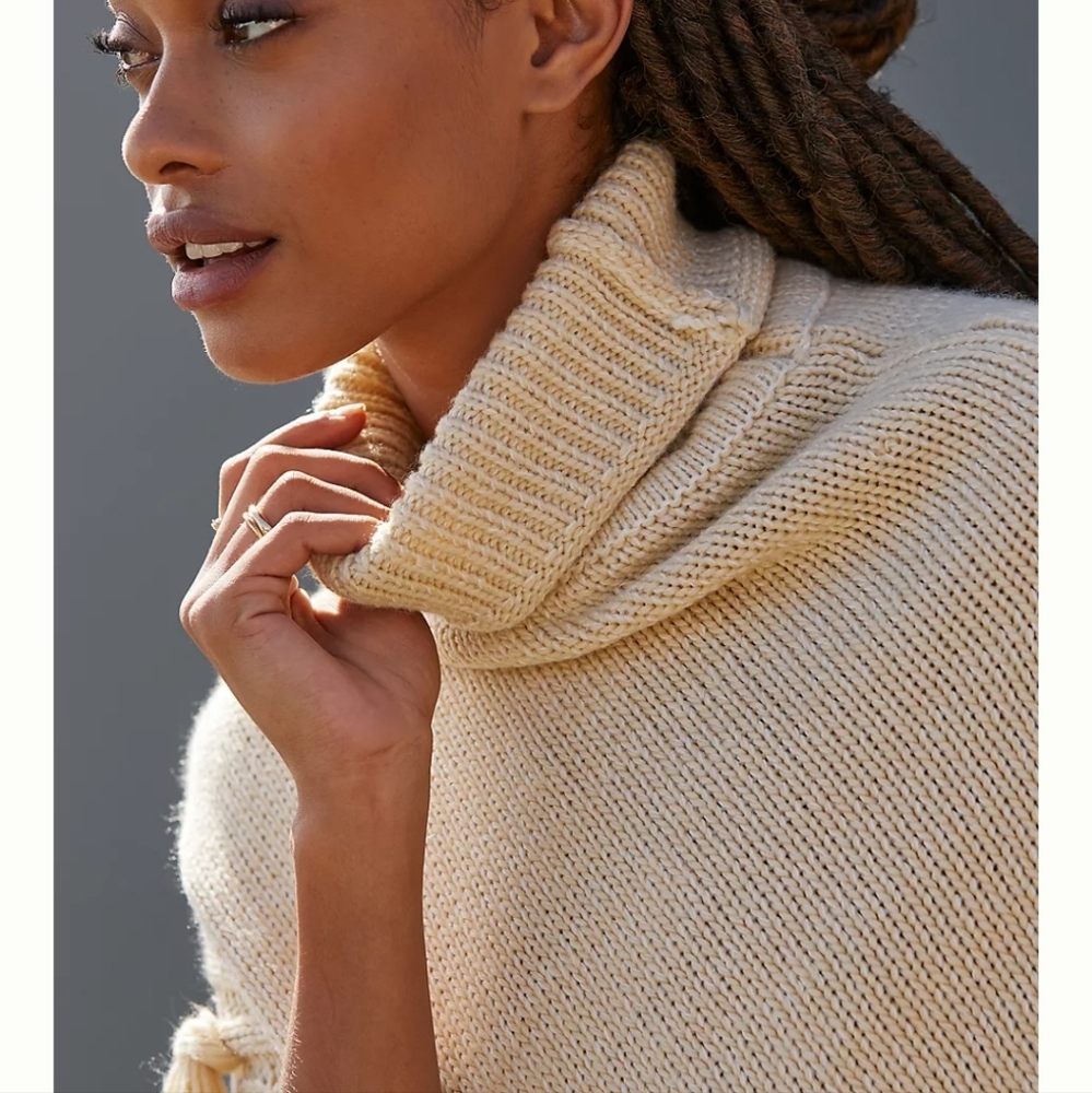 Anthropologie Turtleneck Fringed Poncho- cream - Picture 5 of 10